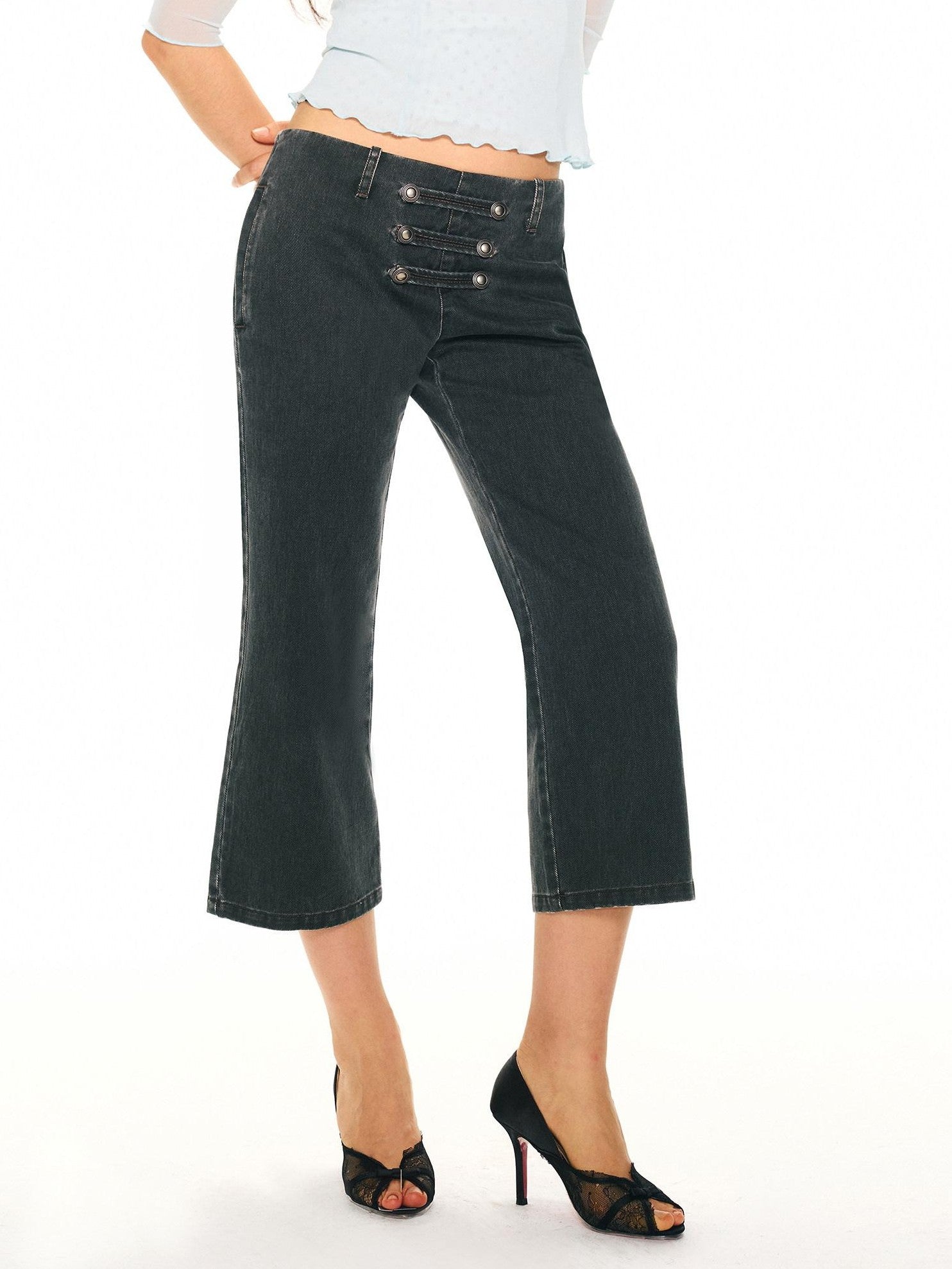 2th Desire Washed Black Grey Distressed Pirate Button High Waist Women&