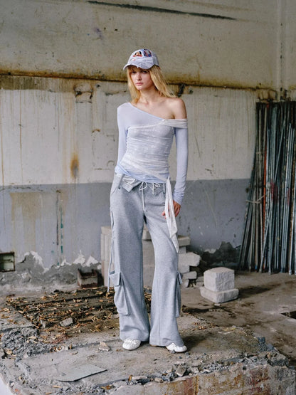 Washed Cargo Pants With Foldable Waist Tie Detail