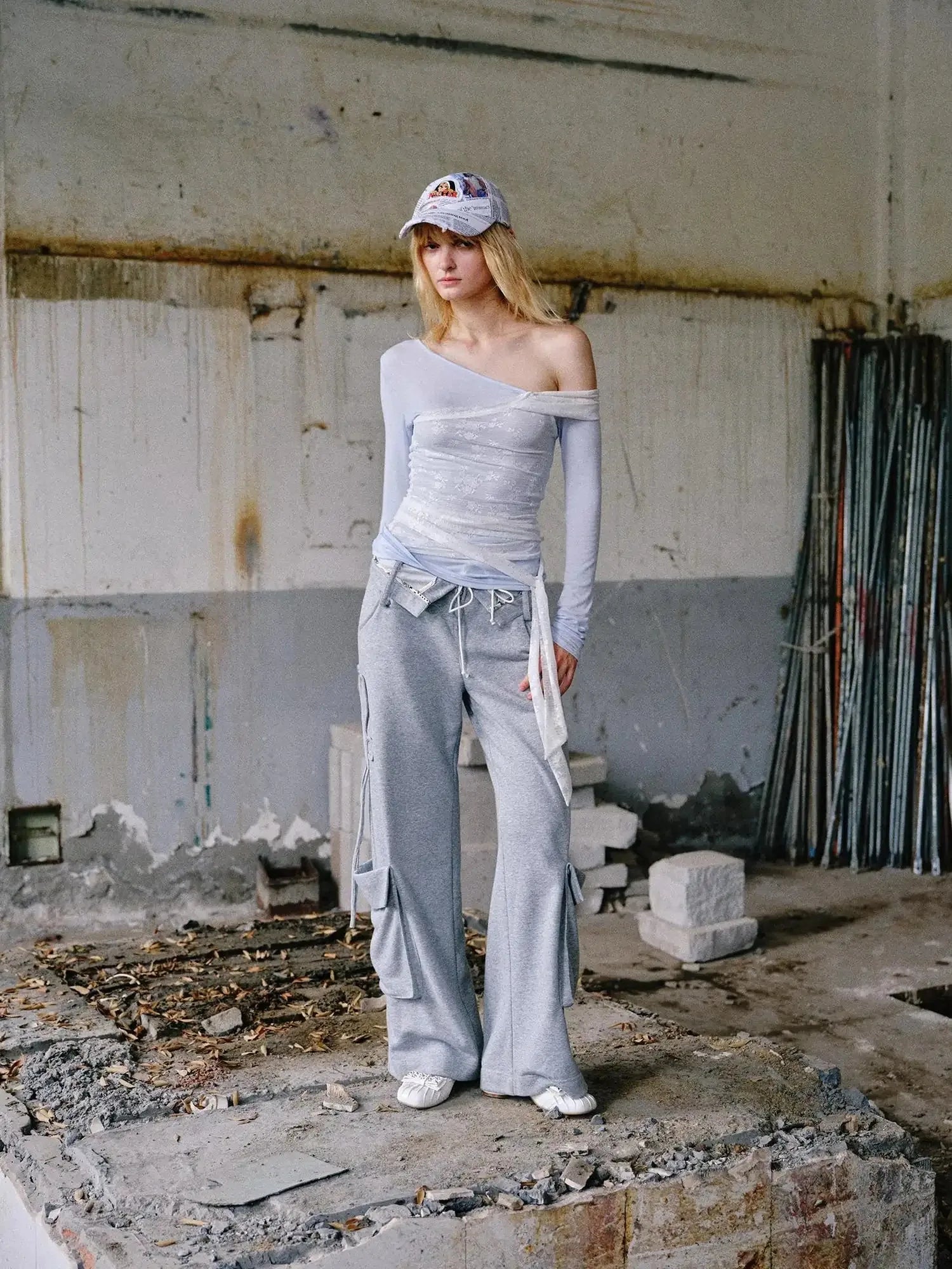 Washed Cargo Pants With Foldable Waist Tie Detail