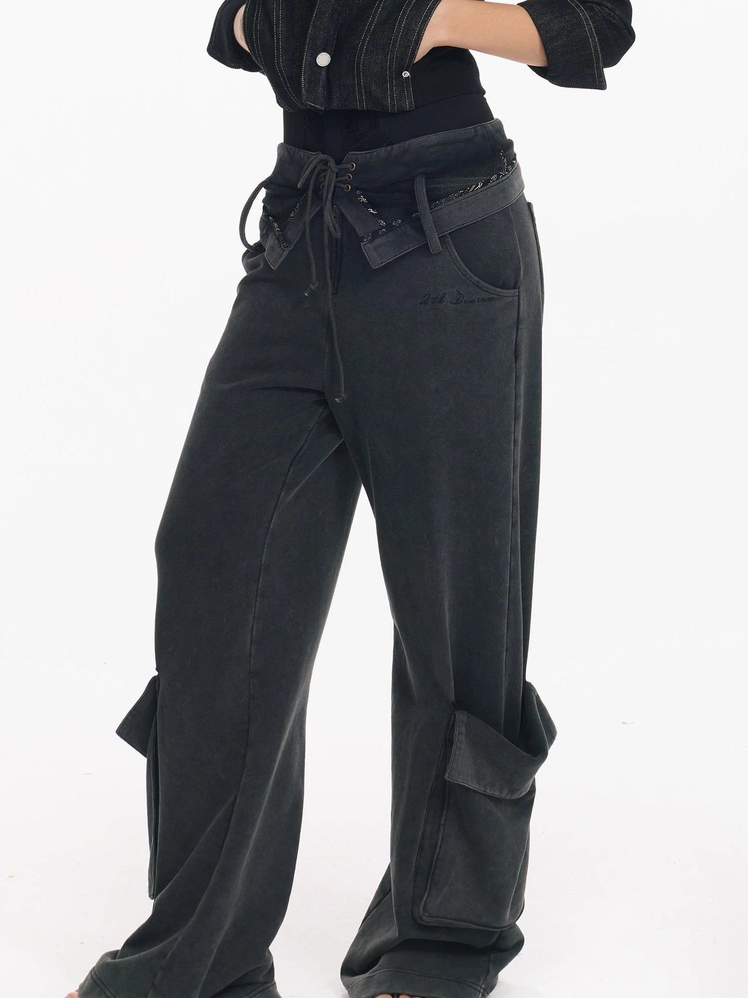 Washed Cargo Pants With Foldable Waist Tie Detail