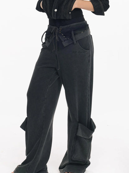Washed Cargo Pants With Foldable Waist Tie Detail
