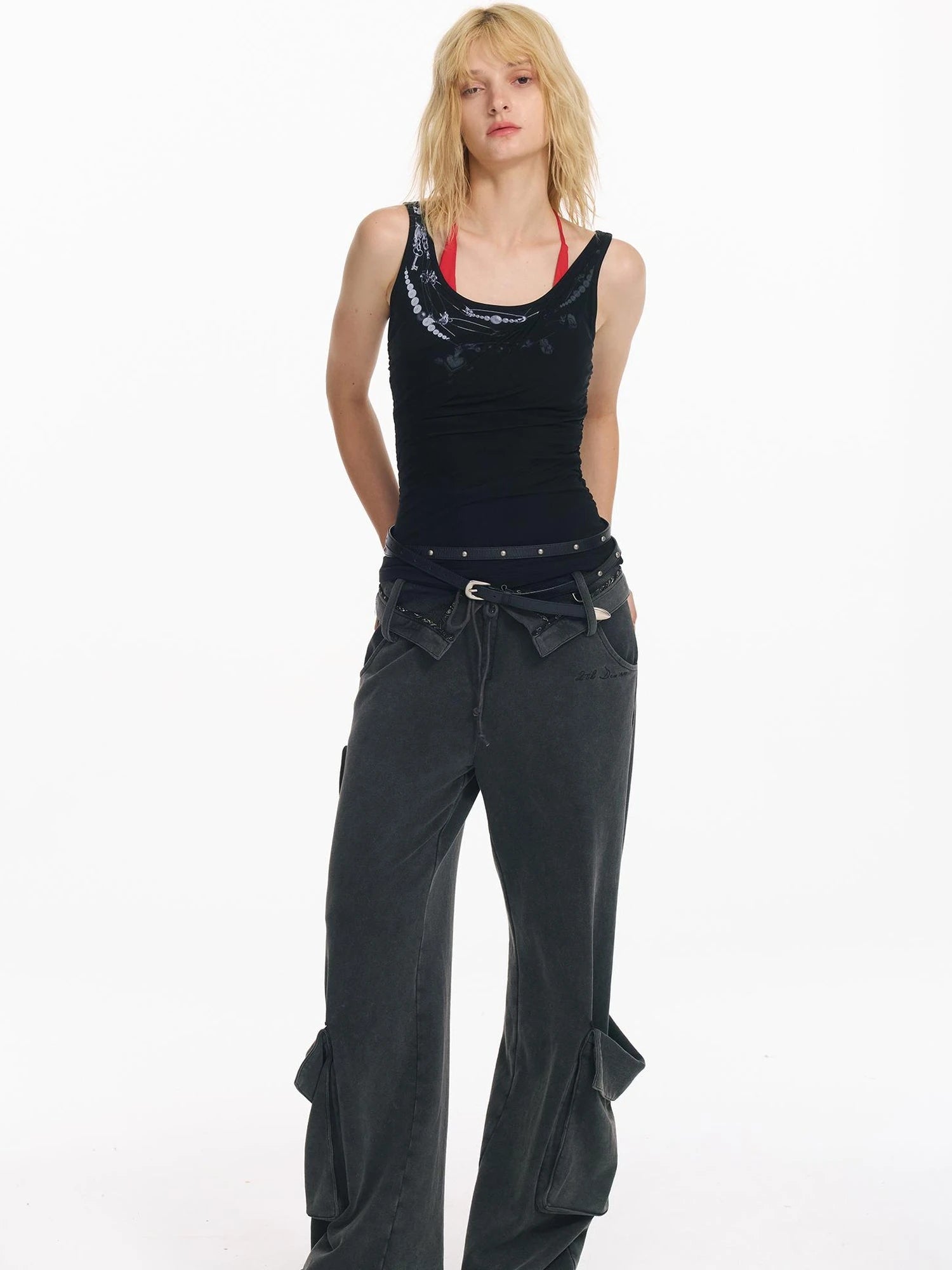 Washed Cargo Pants With Foldable Waist Tie Detail
