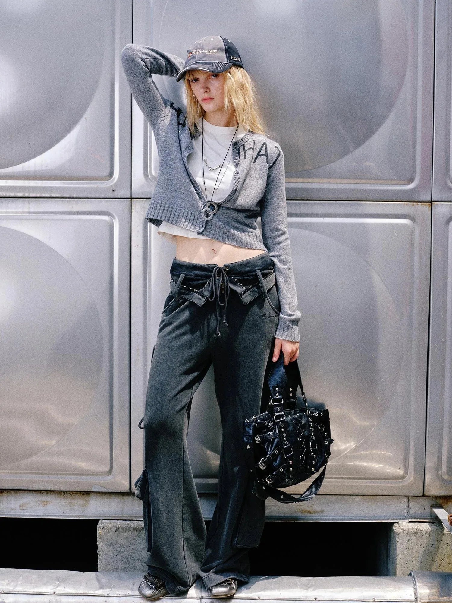 Washed Cargo Pants With Foldable Waist Tie Detail