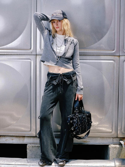 Washed Cargo Pants With Foldable Waist Tie Detail