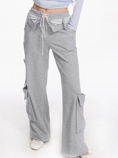 Washed Cargo Pants With Foldable Waist Tie Detail