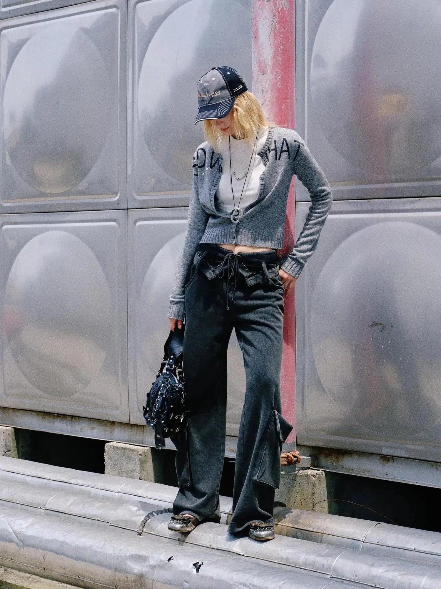 Washed Cargo Pants With Foldable Waist Tie Detail