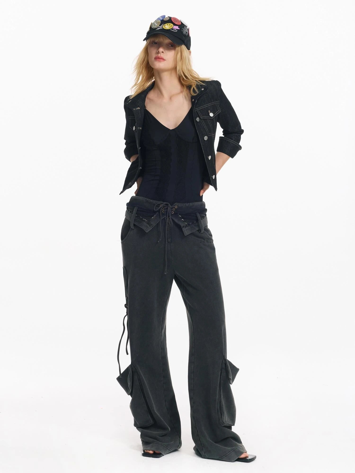 Washed Cargo Pants With Foldable Waist Tie Detail