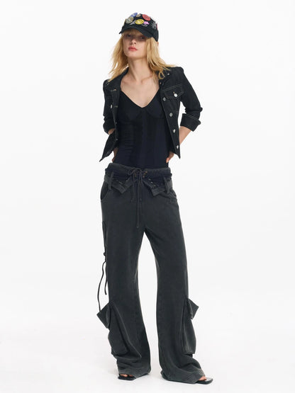 Washed Cargo Pants With Foldable Waist Tie Detail