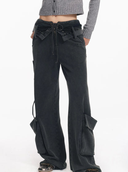 Washed Cargo Pants With Foldable Waist Tie Detail