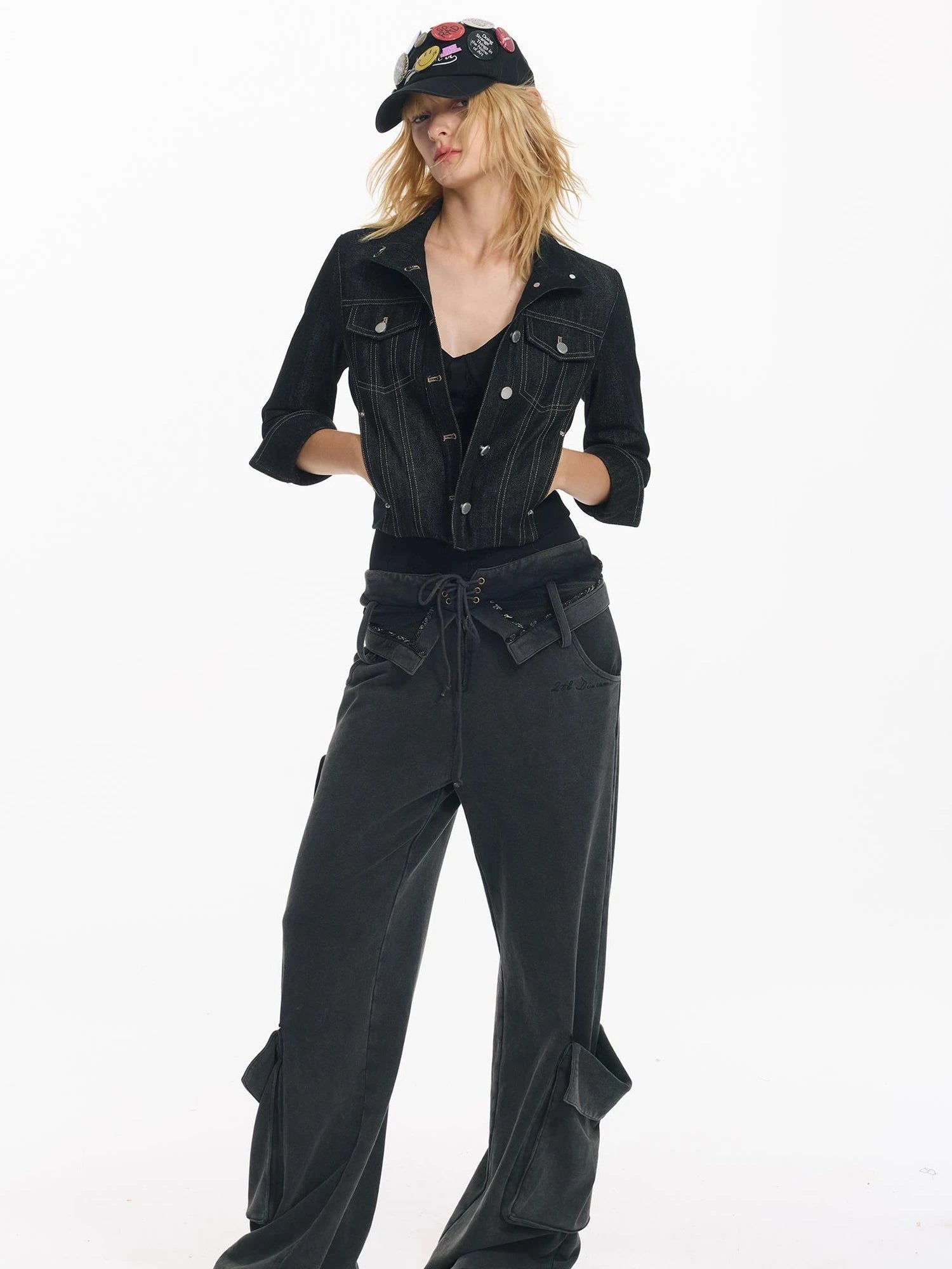 Washed Cargo Pants With Foldable Waist Tie Detail