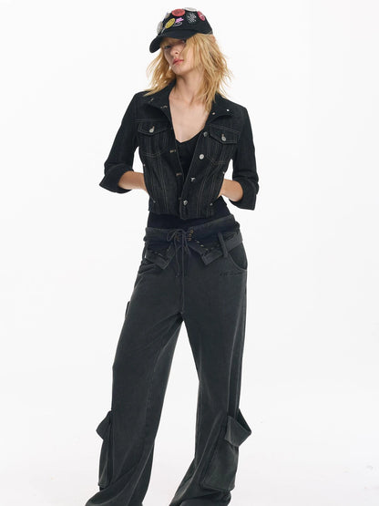 Washed Cargo Pants With Foldable Waist Tie Detail