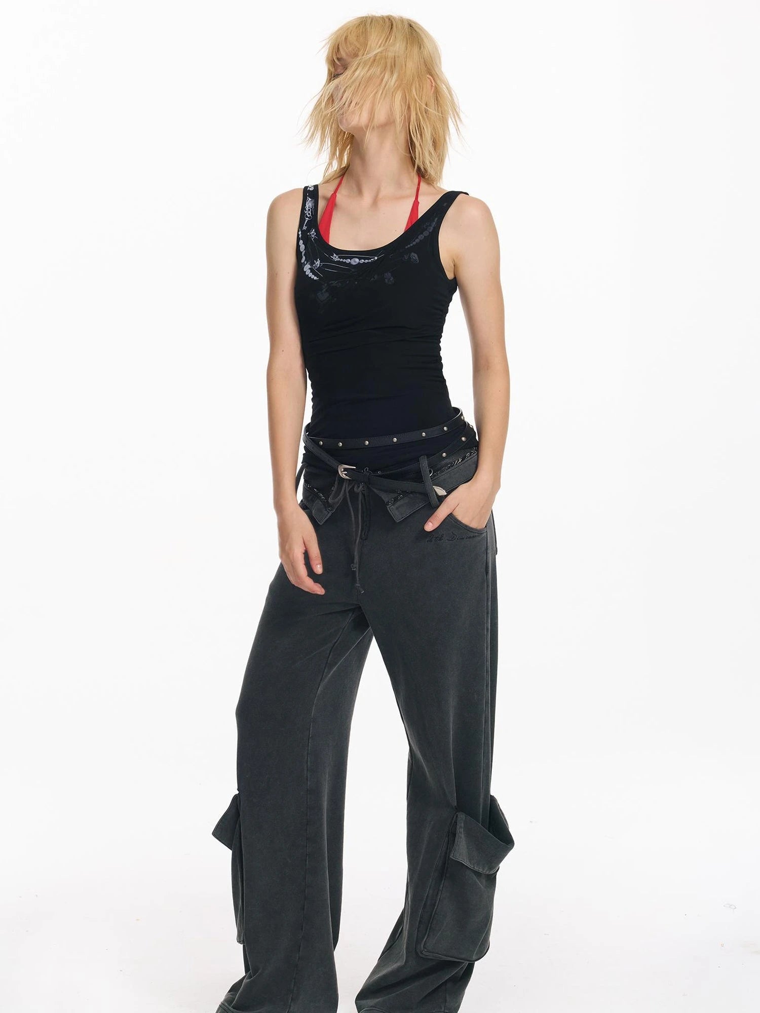 Washed Cargo Pants With Foldable Waist Tie Detail