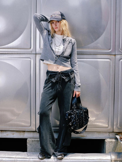 Washed Cargo Pants With Foldable Waist Tie Detail