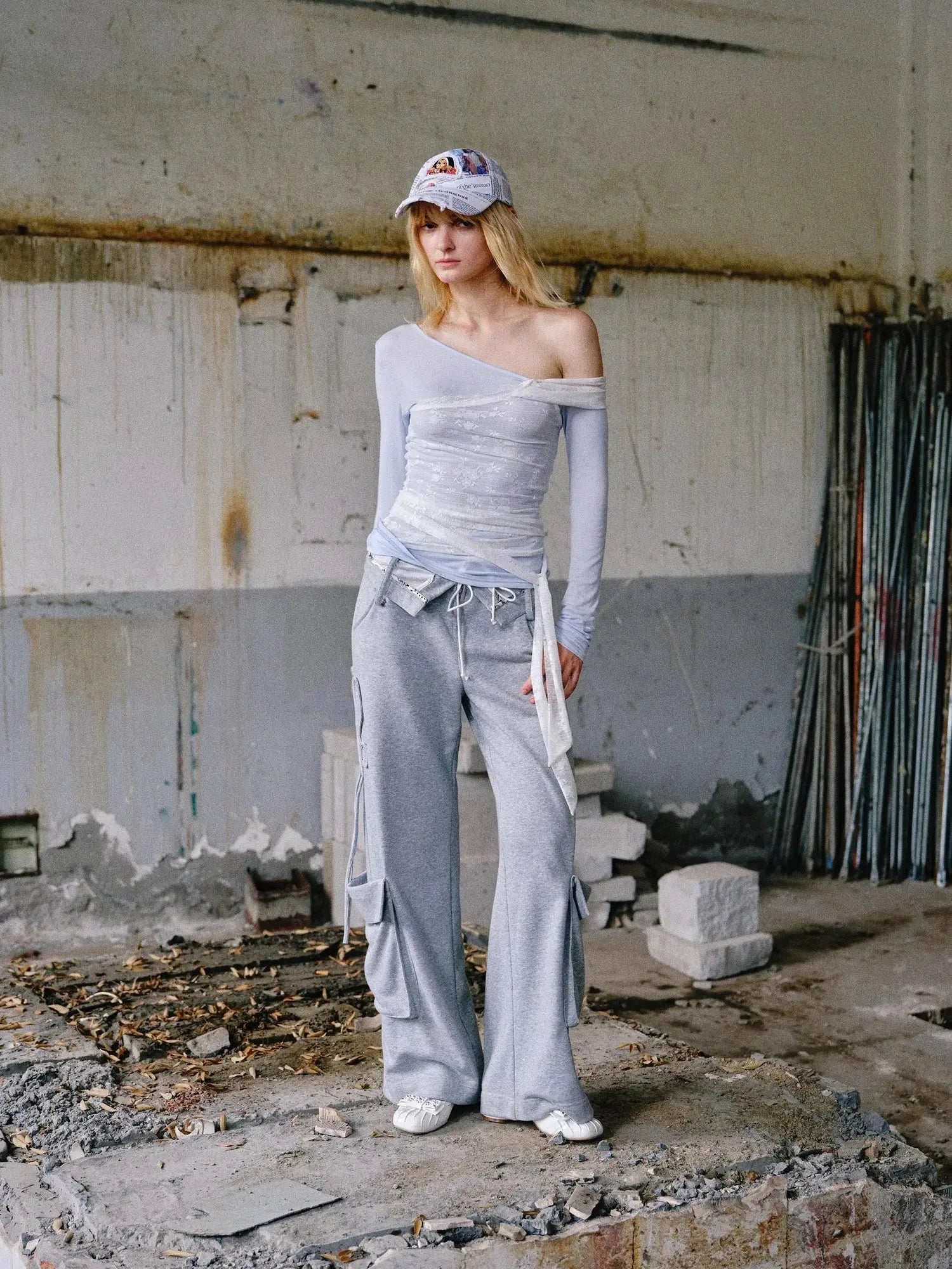 Washed Cargo Pants With Foldable Waist Tie Detail