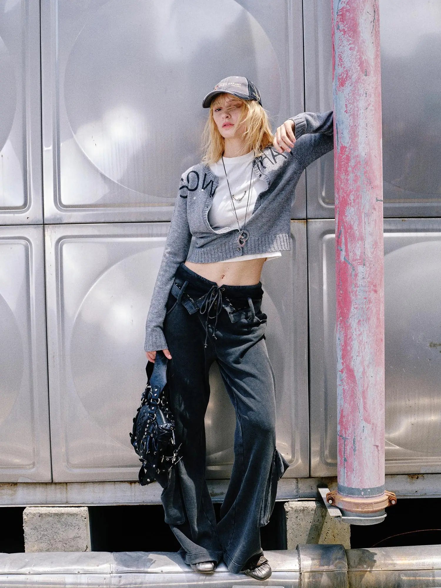 Washed Cargo Pants With Foldable Waist Tie Detail