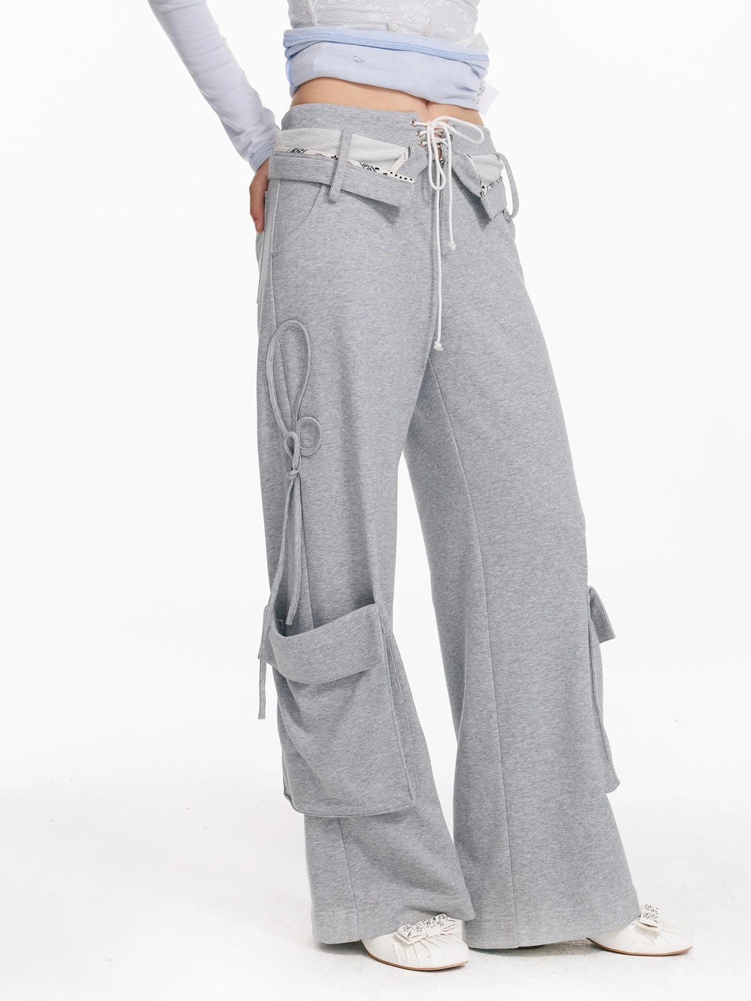 Washed Cargo Pants With Foldable Waist Tie Detail