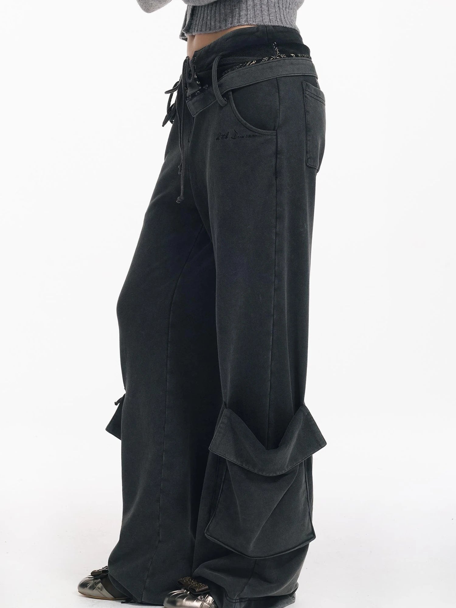 Washed Cargo Pants With Foldable Waist Tie Detail
