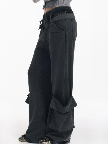 Washed Cargo Pants With Foldable Waist Tie Detail