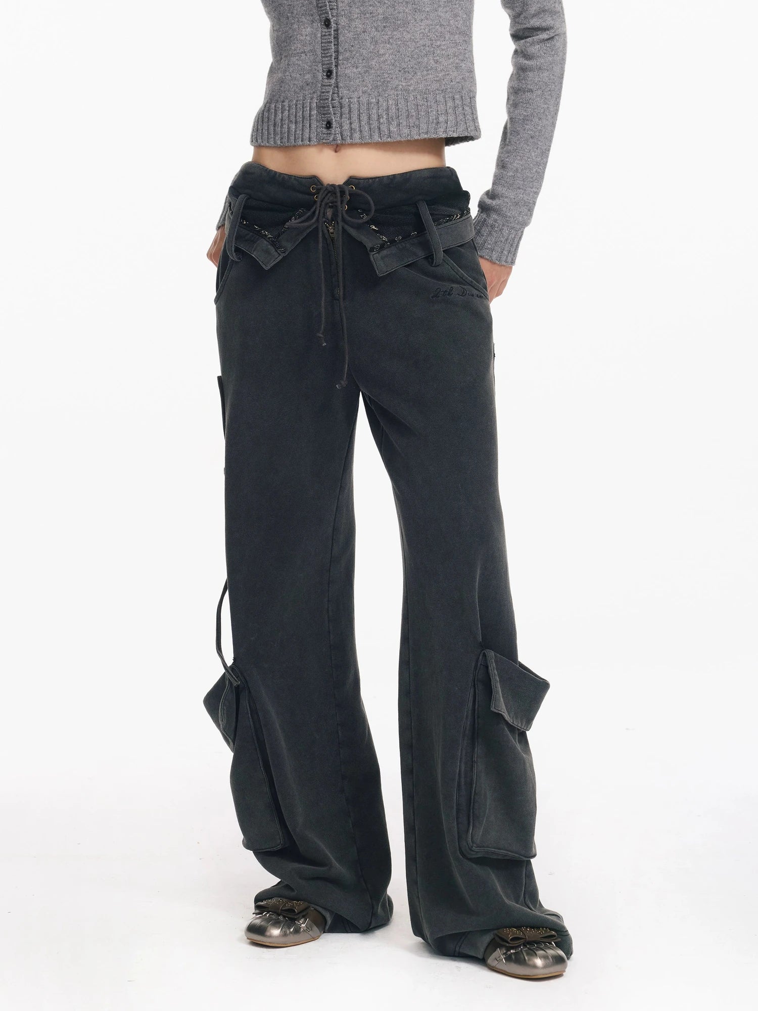 Washed Cargo Pants With Foldable Waist Tie Detail
