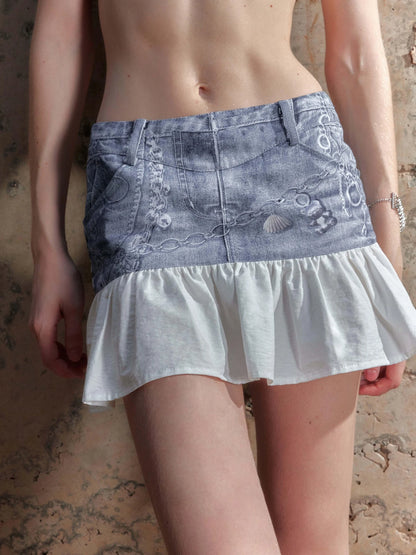 Washed Frayed Print &amp; Patchwork Denim Mini Skirt