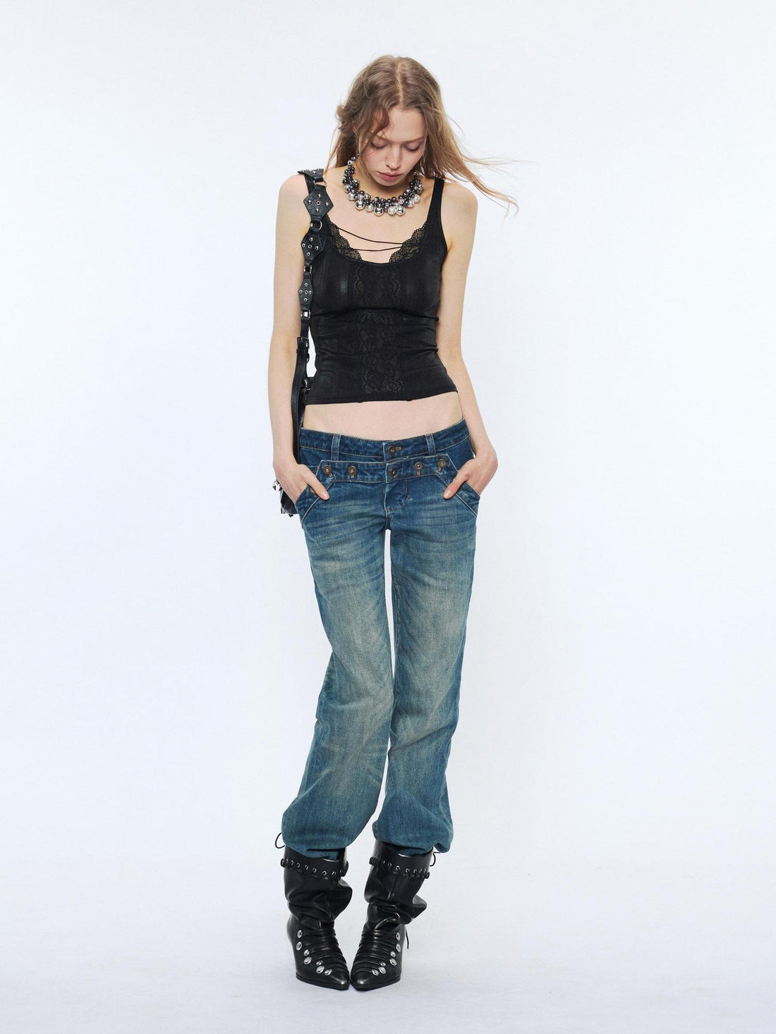 2th Desire Washed Micro Flare Natural Waist Women Cotton Vintage Blue Straight Pants