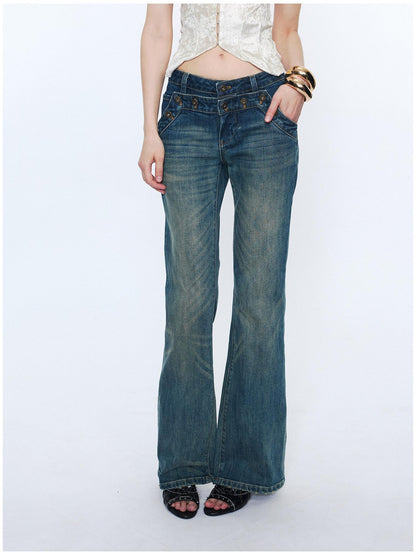 2th Desire Washed Micro Flare Natural Waist Women Cotton Vintage Blue Straight Pants