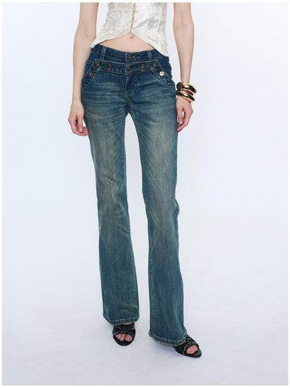 2th Desire Washed Micro Flare Natural Waist Women Cotton Vintage Blue Straight Pants