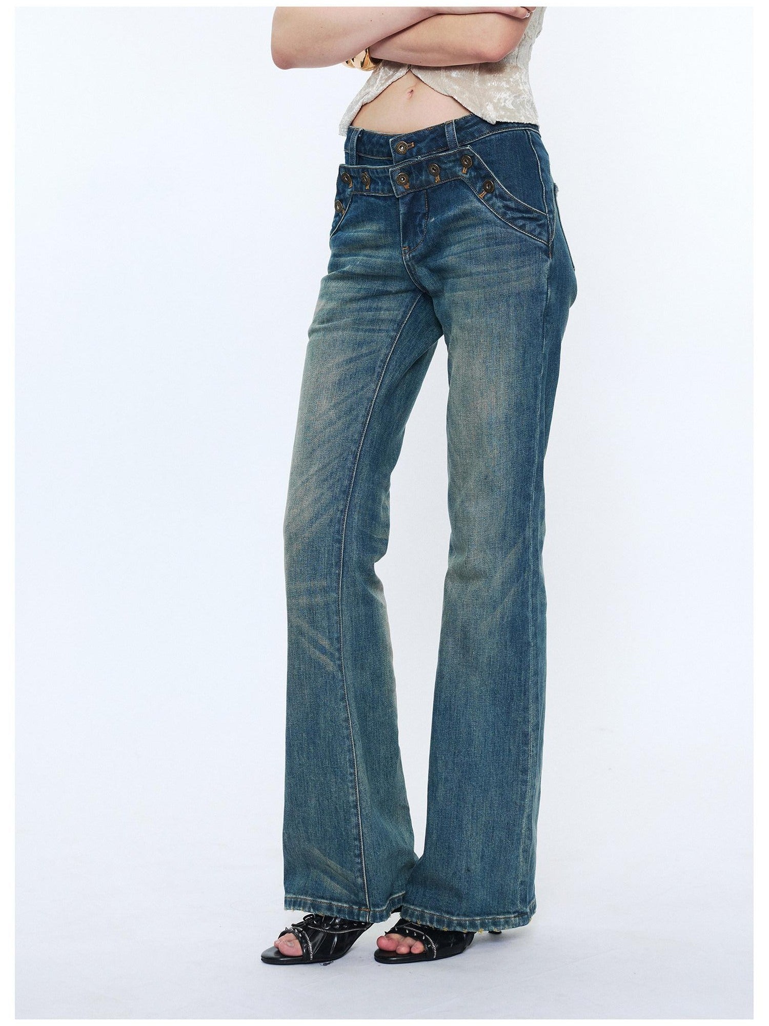 2th Desire Washed Micro Flare Natural Waist Women Cotton Vintage Blue Straight Pants