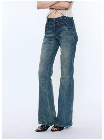2th Desire Washed Micro Flare Natural Waist Women Cotton Vintage Blue Straight Pants