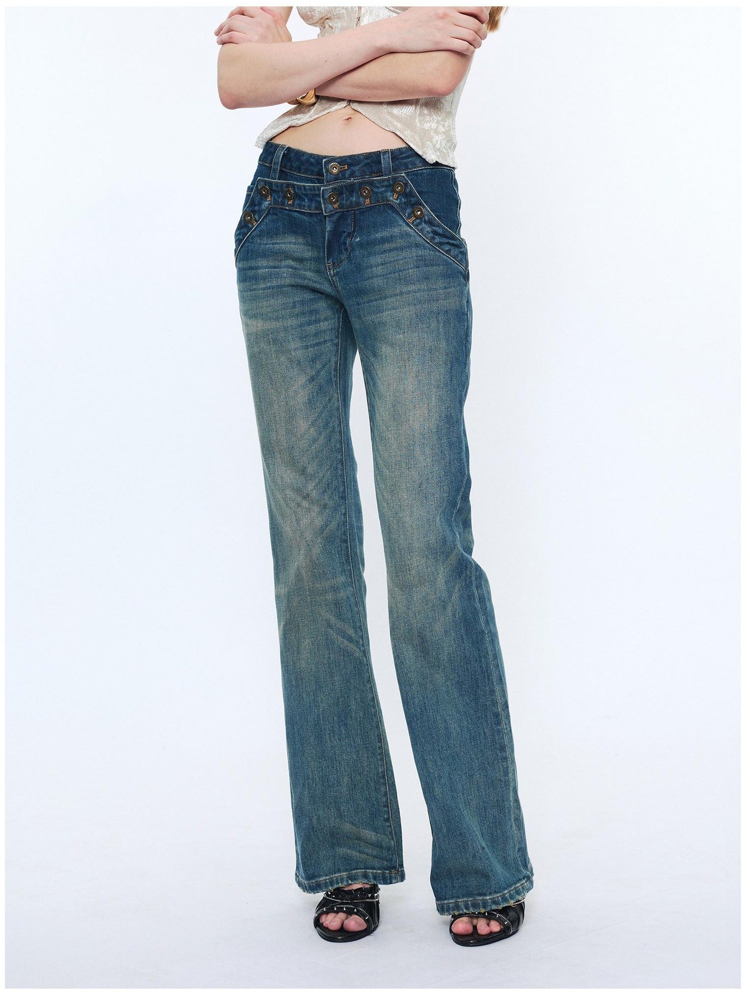 2th Desire Washed Micro Flare Natural Waist Women Cotton Vintage Blue Straight Pants