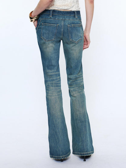 2th Desire Washed Micro Flare Natural Waist Women Cotton Vintage Blue Straight Pants