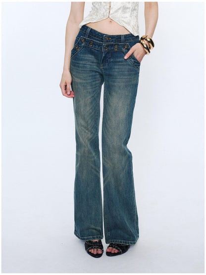 2th Desire Washed Micro Flare Natural Waist Women Cotton Vintage Blue Straight Pants