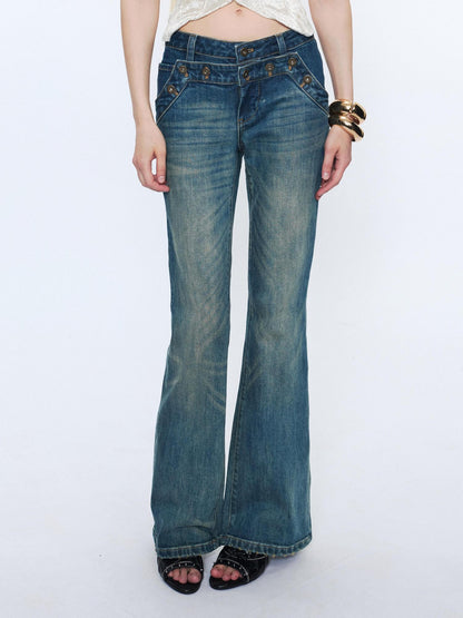 2th Desire Washed Micro Flare Natural Waist Women Cotton Vintage Blue Straight Pants