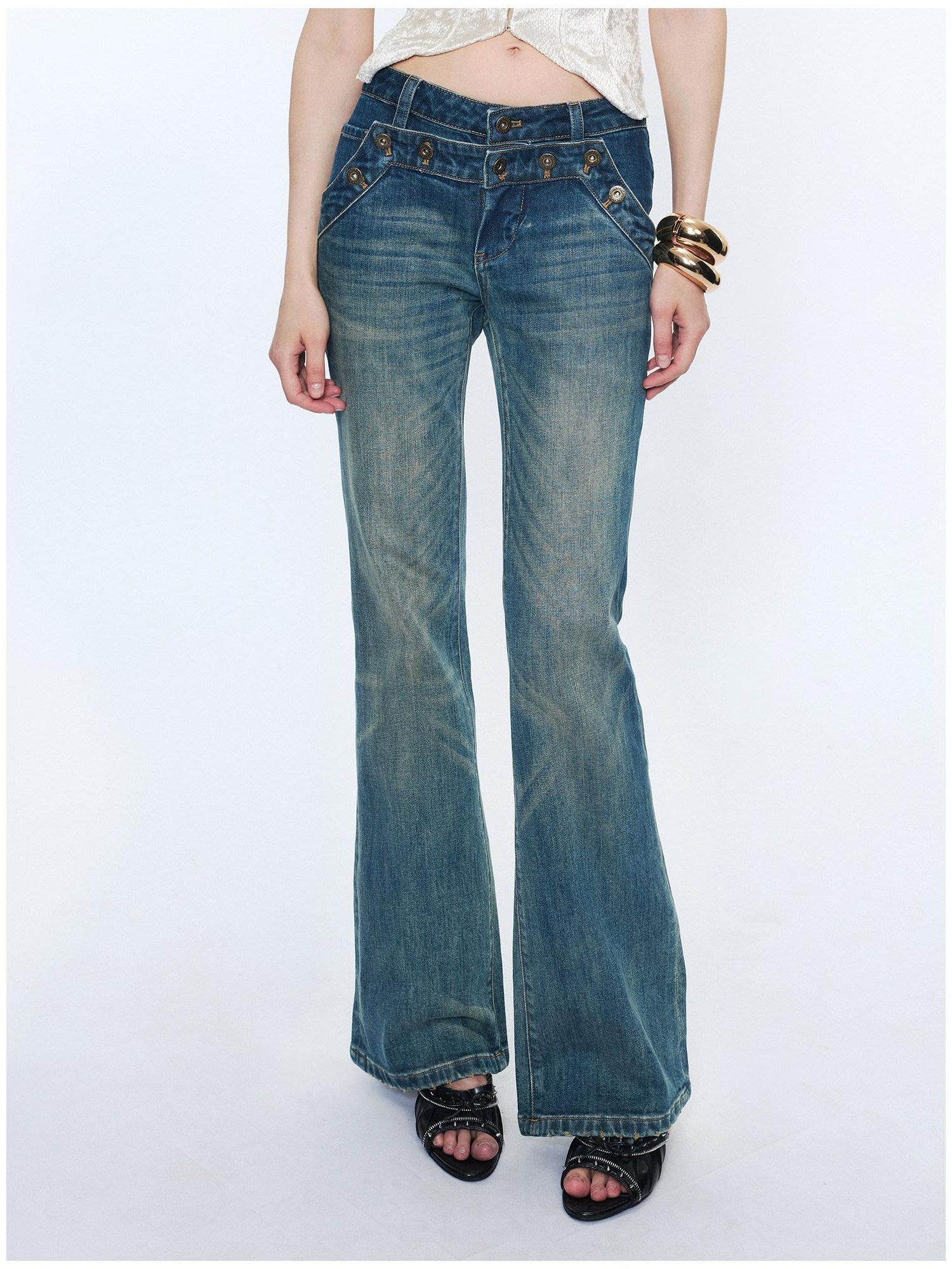2th Desire Washed Micro Flare Natural Waist Women Cotton Vintage Blue Straight Pants