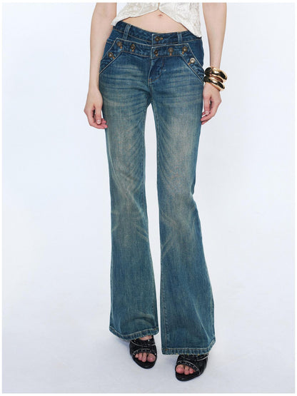 2th Desire Washed Micro Flare Natural Waist Women Cotton Vintage Blue Straight Pants