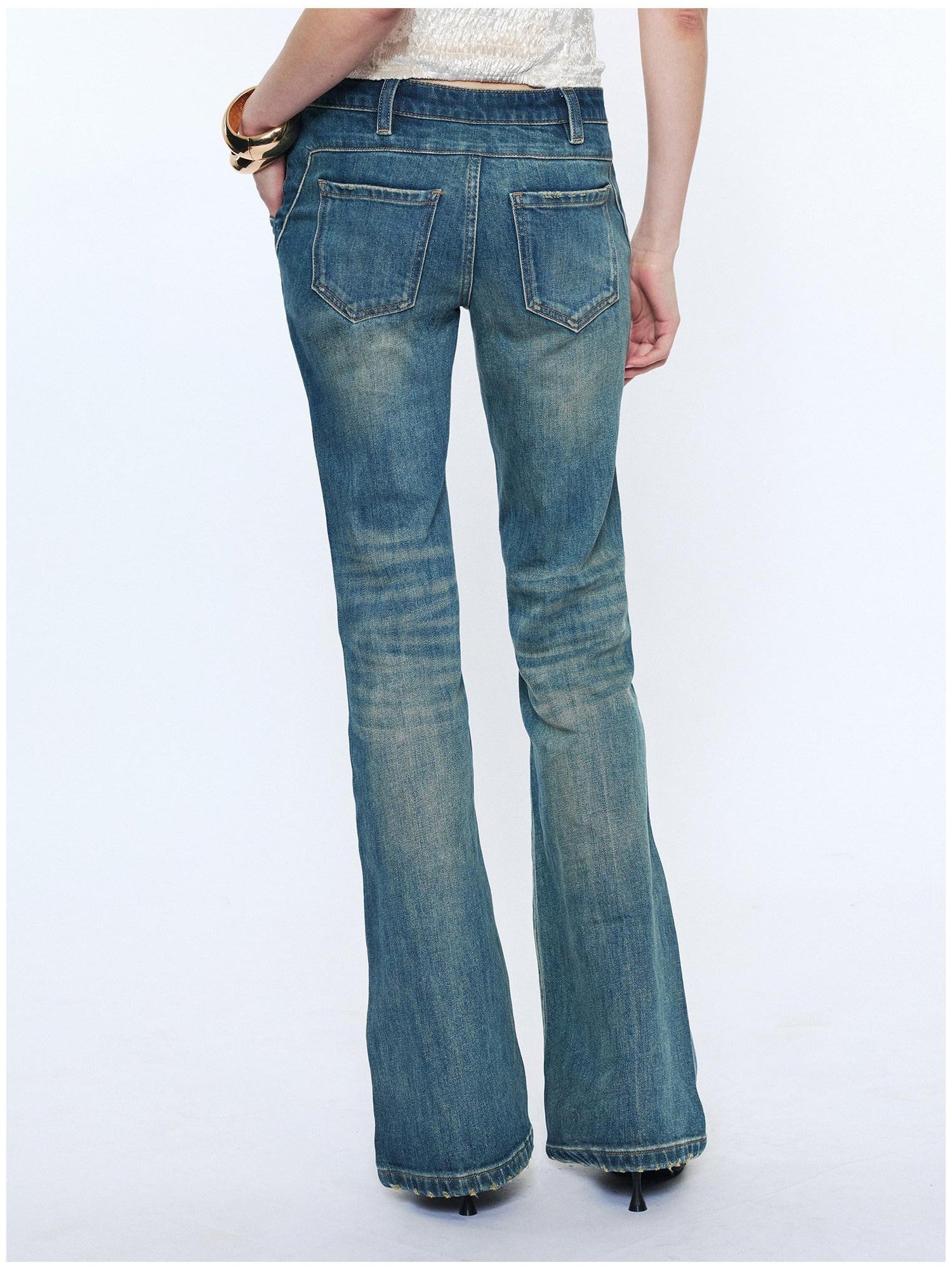 2th Desire Washed Micro Flare Natural Waist Women Cotton Vintage Blue Straight Pants