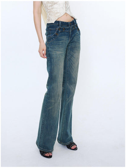 2th Desire Washed Micro Flare Natural Waist Women Cotton Vintage Blue Straight Pants