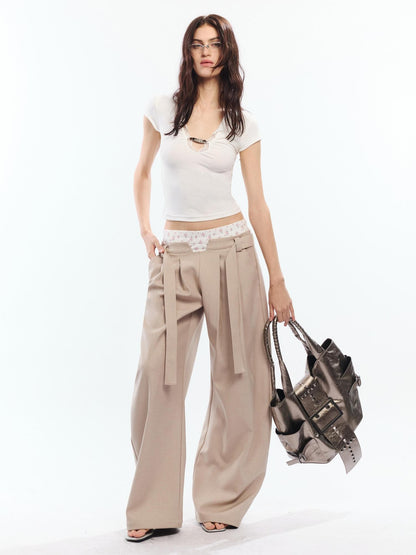 White Lace Trim V-neck Cinched Waist Women&