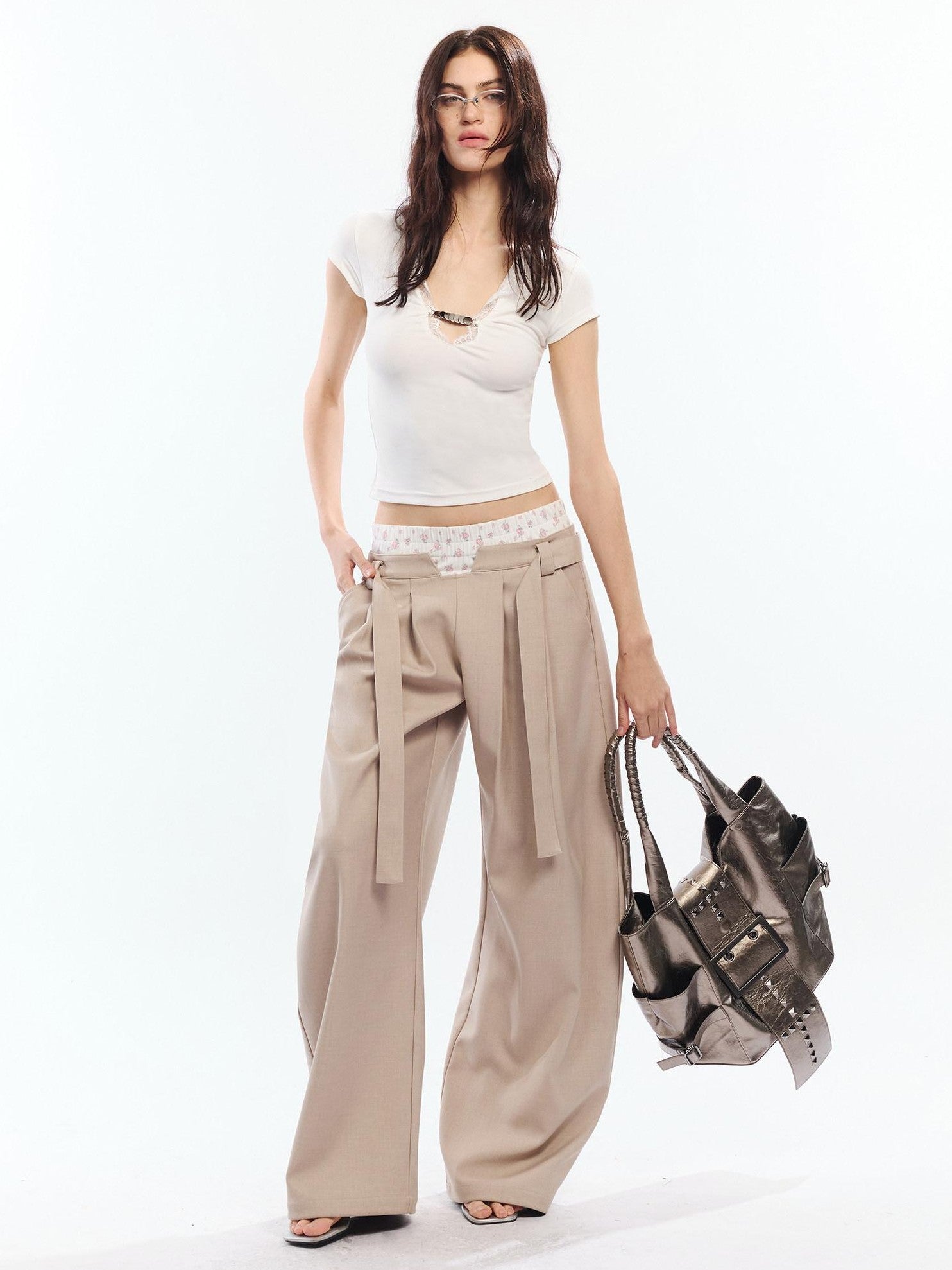 White Lace Trim V-neck Cinched Waist Women&