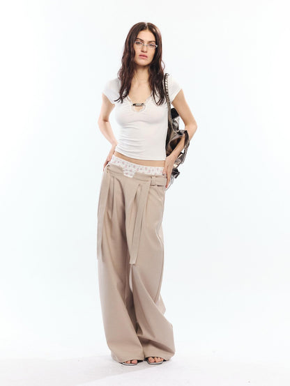 White Lace Trim V-neck Cinched Waist Women&