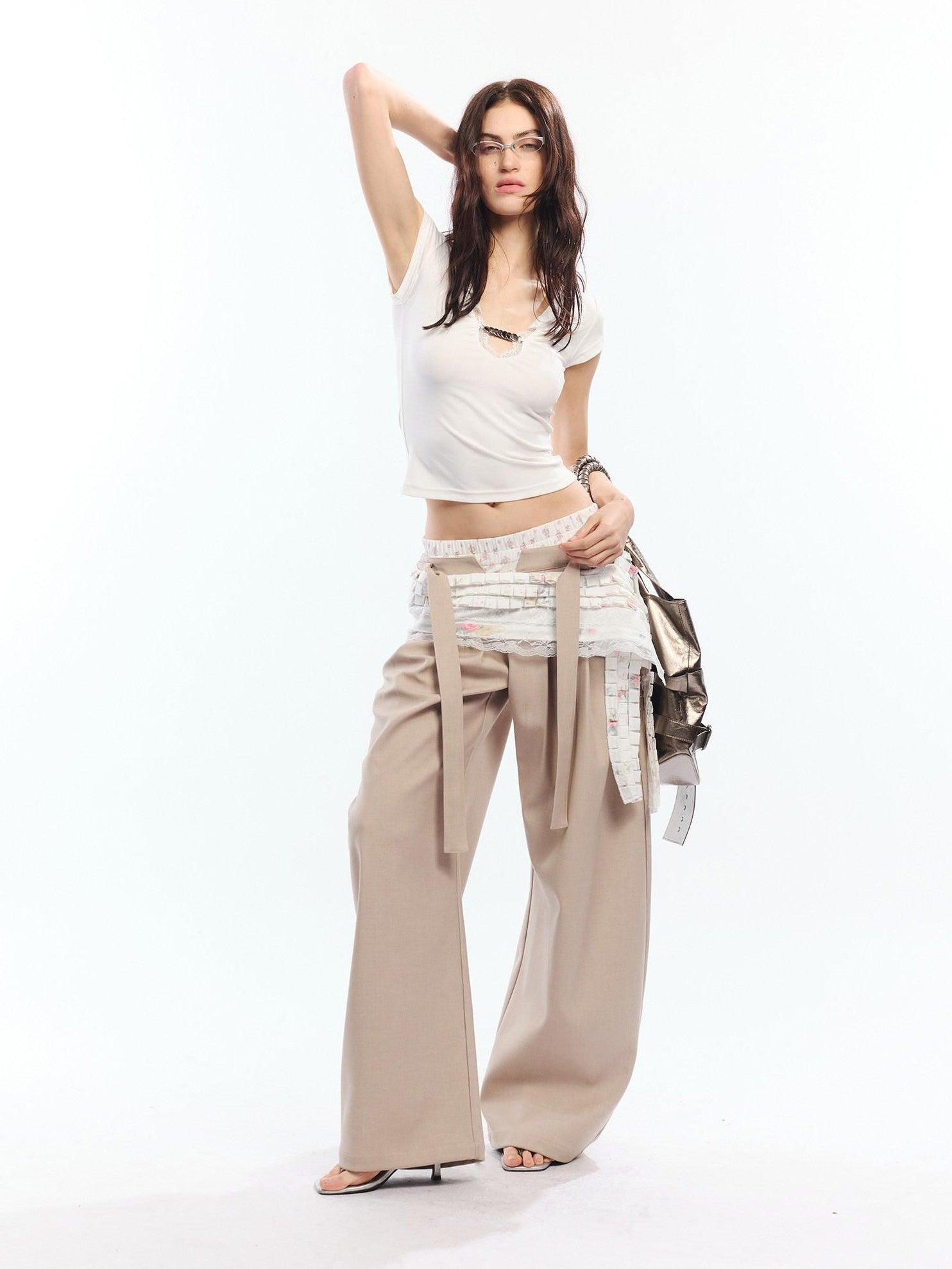 White Lace Trim V-neck Cinched Waist Women&
