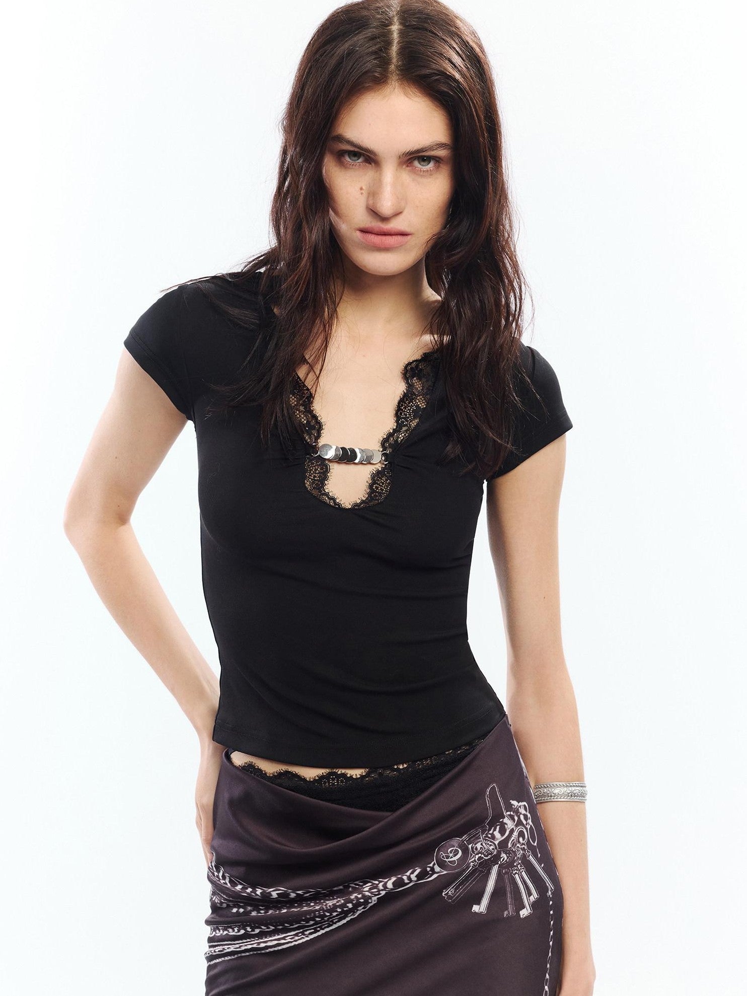 White Lace Trim V-neck Cinched Waist Women&