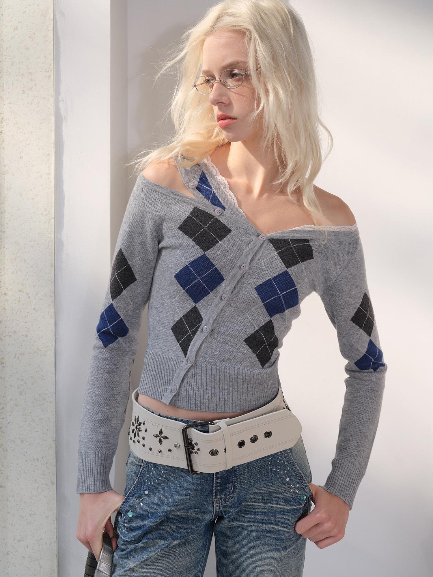 2th Desire Wool Blend Lace Trim Off Shoulder Diamond Knit Cardigan