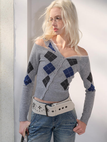 2th Desire Wool Blend Lace Trim Off Shoulder Diamond Knit Cardigan