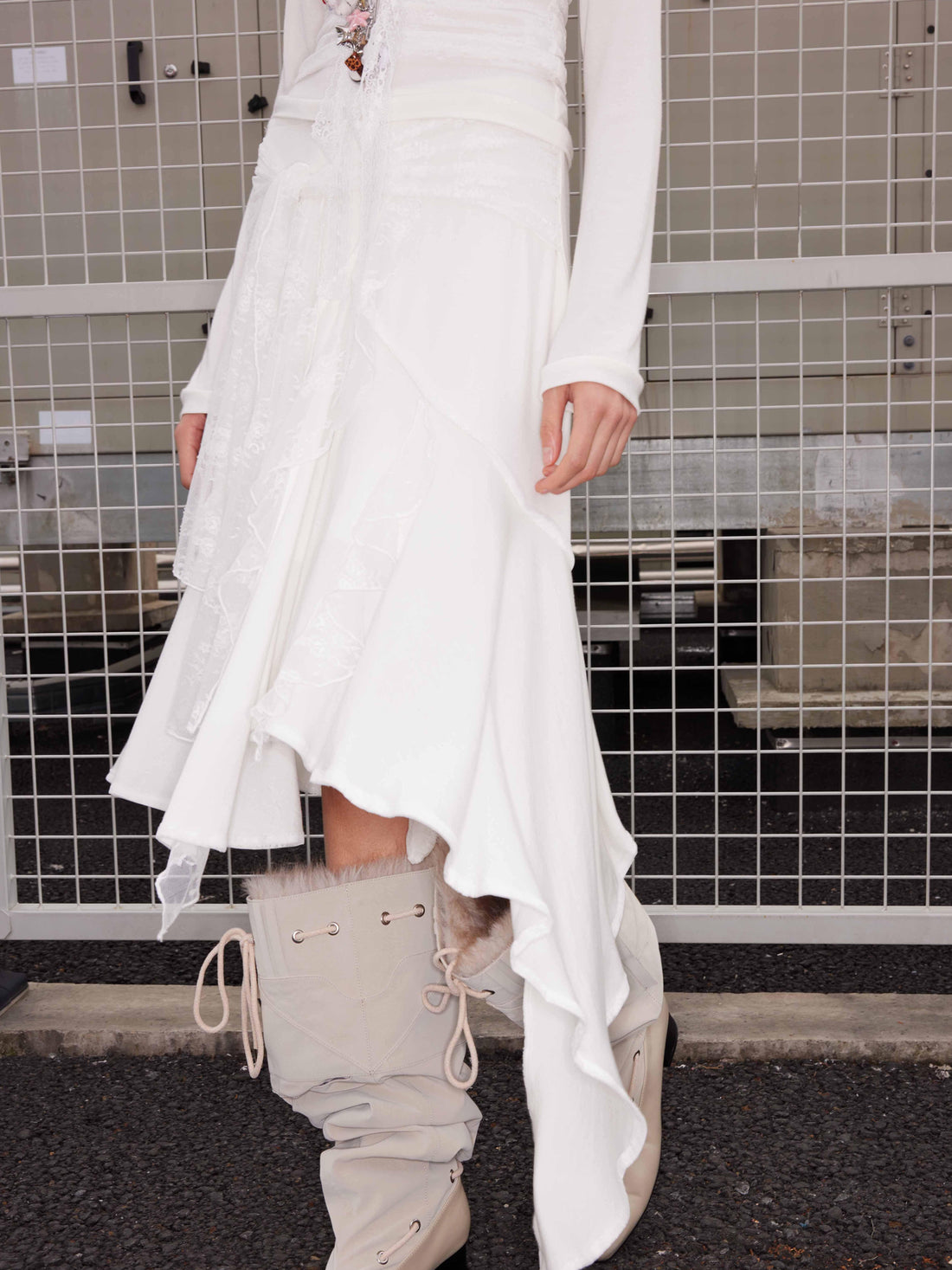 2th Desire Wool Lace Tie Waist Asymmetric Knit Skirt