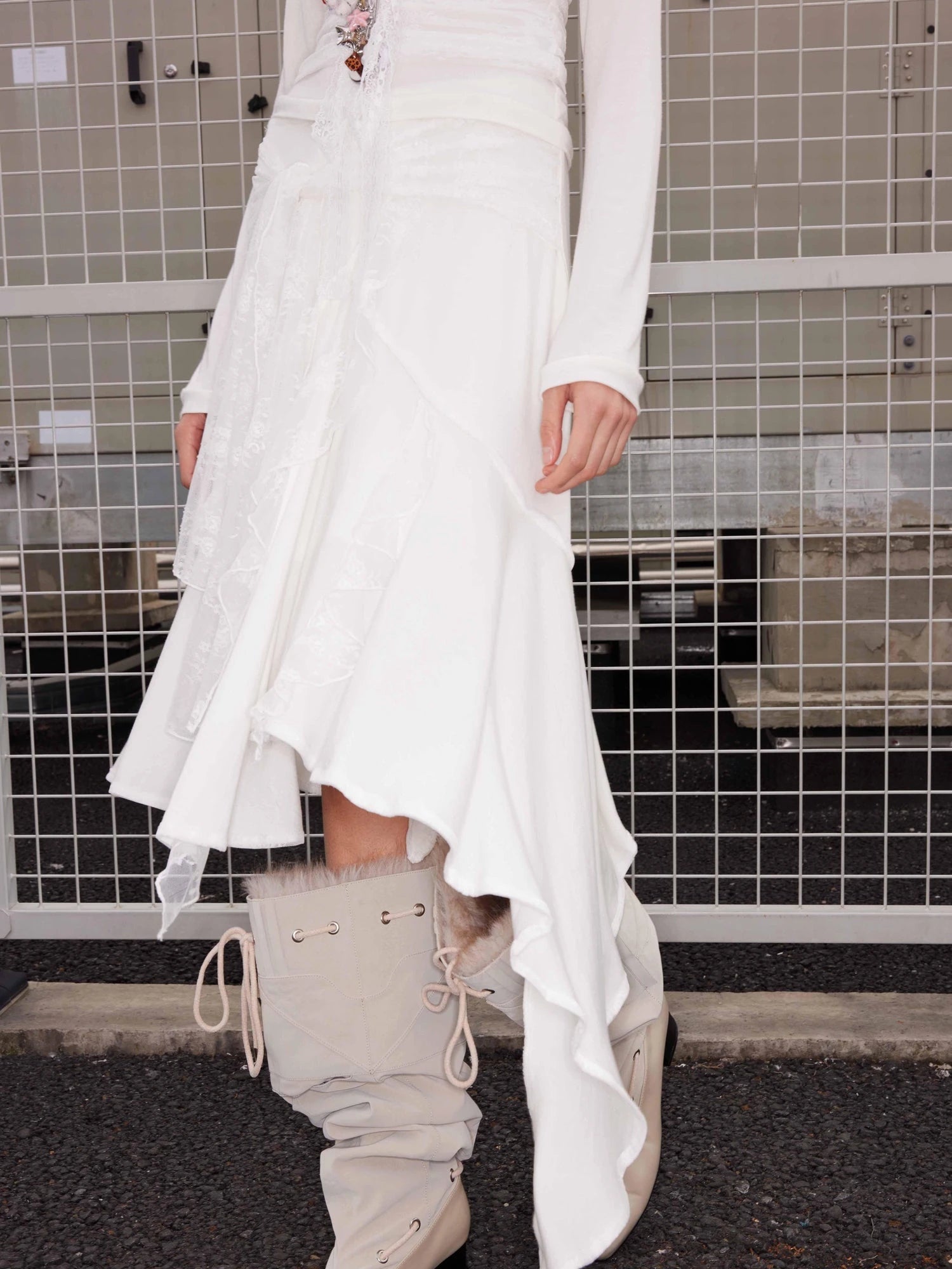 Wool Lace Tie Waist Asymmetric Knit Skirt