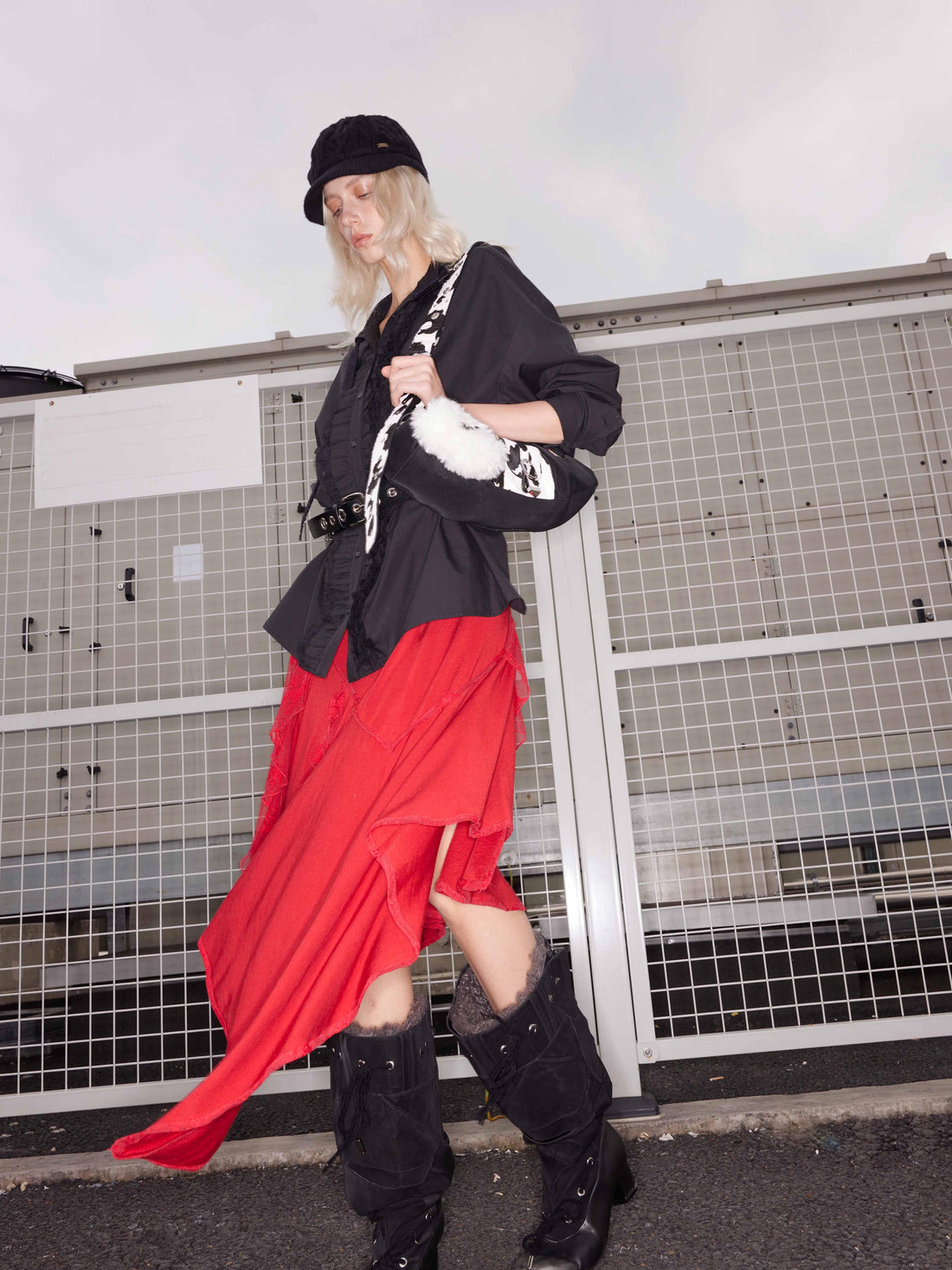 2th Desire Wool Lace Tie Waist Asymmetric Knit Skirt