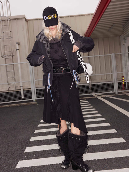 Wool Lace Tie Waist Asymmetric Knit Skirt