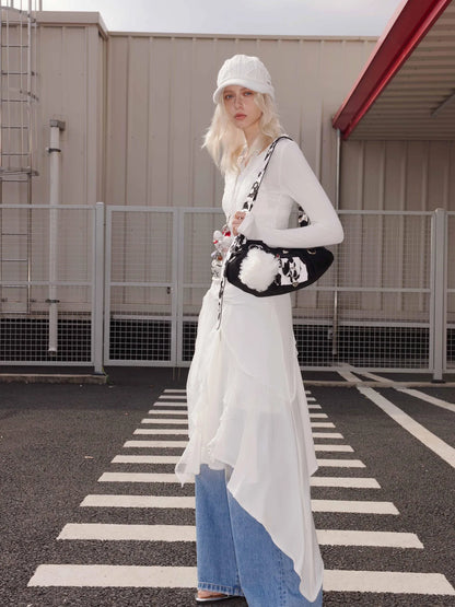 Wool Lace Tie Waist Asymmetric Knit Skirt