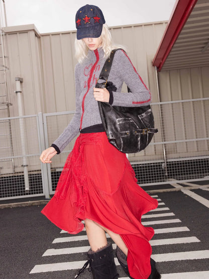 Wool Lace Tie Waist Asymmetric Knit Skirt